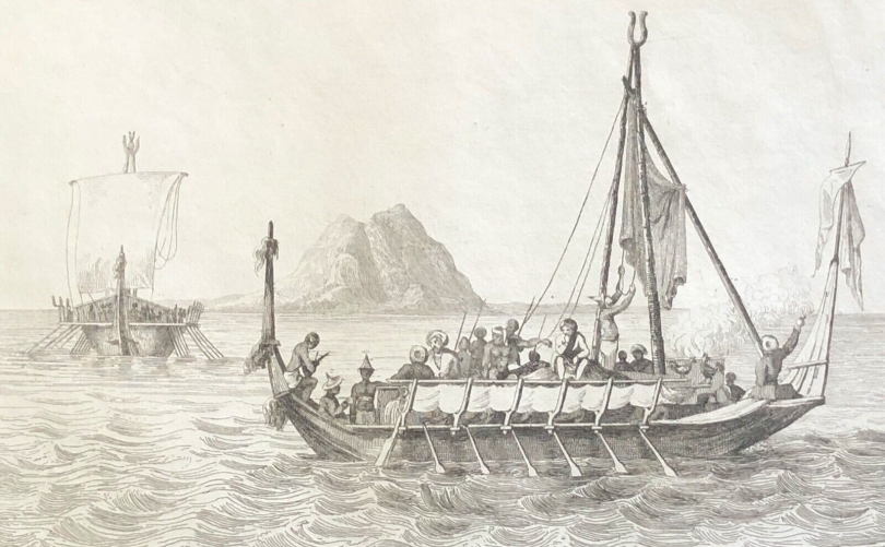 korokoros_ile_guebe_melanesie_gravure1838_embarcation_voilier_rameur