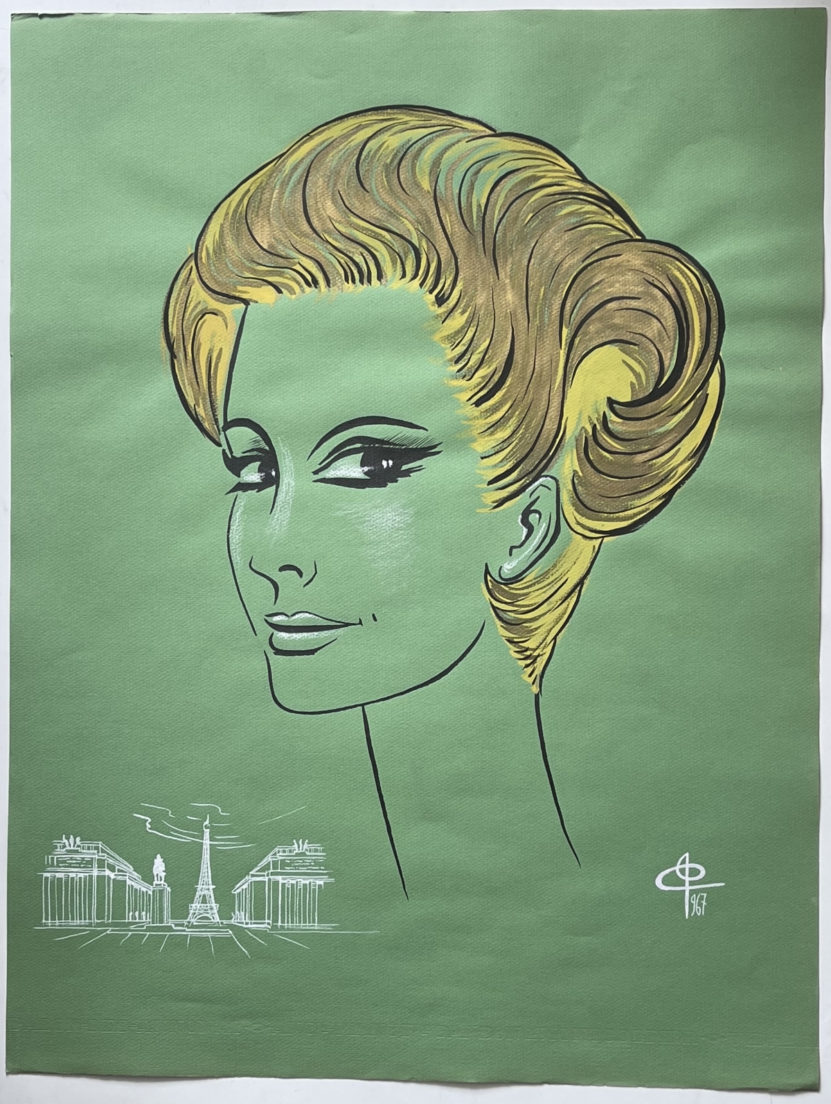 mode_paris_france_coiffure_1967_peinture_grande_technique_mixte_signee