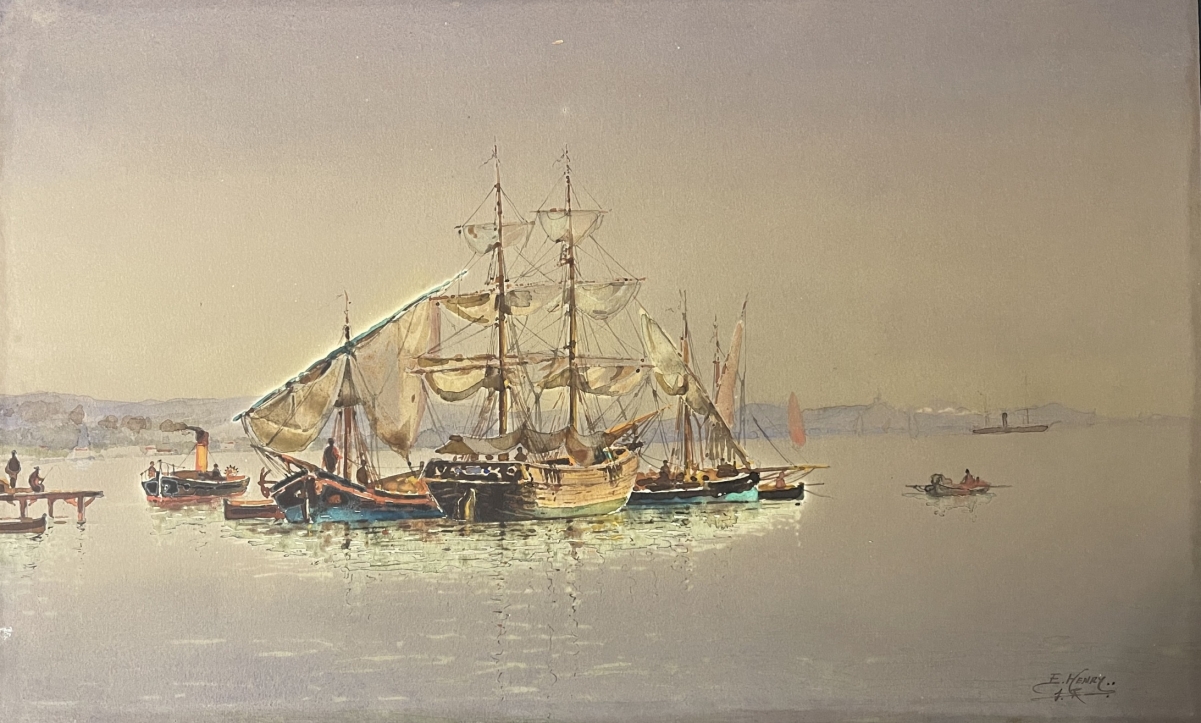 emile_henry_1842-1920_mouillage_la_joliette_marseille_aquarelle_originale_france