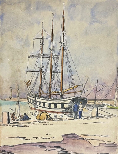 trois_mats_a_quai_aquarelle_vers_1920_anonyme_france