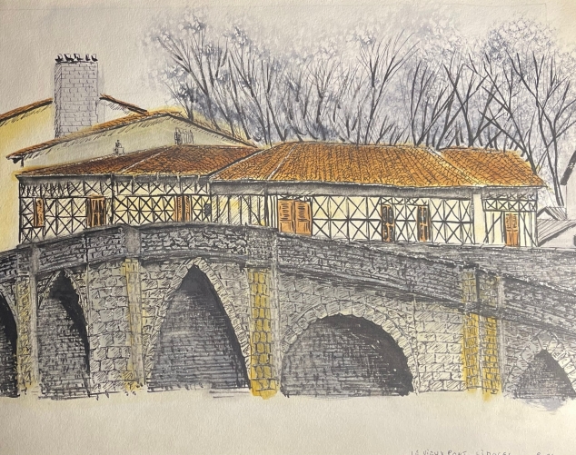 limoges_le_vieux_pont_encre_aquarellee_anonyme_1996_haute-vienne_france