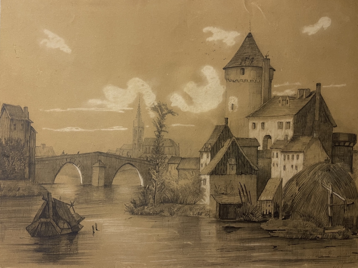 aval_1865_france_castle_and_mayenne_river_signed_graphite_and_chalk_drawing