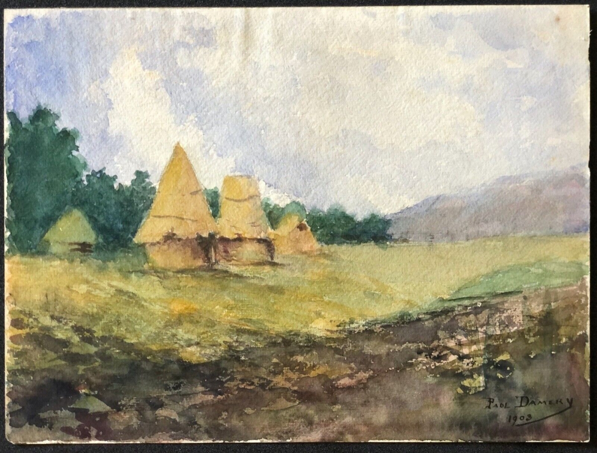 aquarelle_les_meules_de_foin_signee_paul_damery_1903_impressionnisme_france