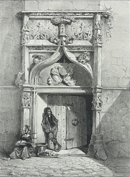 aurillac_porte_gothique_pinacles_fleurons_et_accolade_lithographie_1837_france