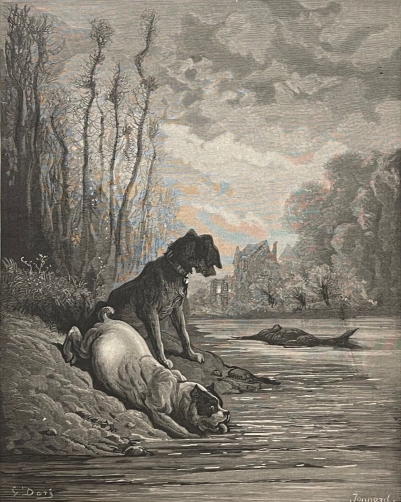 les_deux_chiens_et_l_ane_mort_gustave_dore_xylographie_fable_la_fontaine_1868