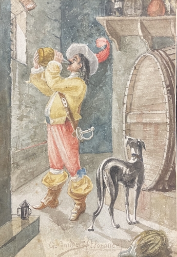 cavalier_et_levrier_au_chai_vin_viticulture_aquarelle_signee_c_1850_france_chien