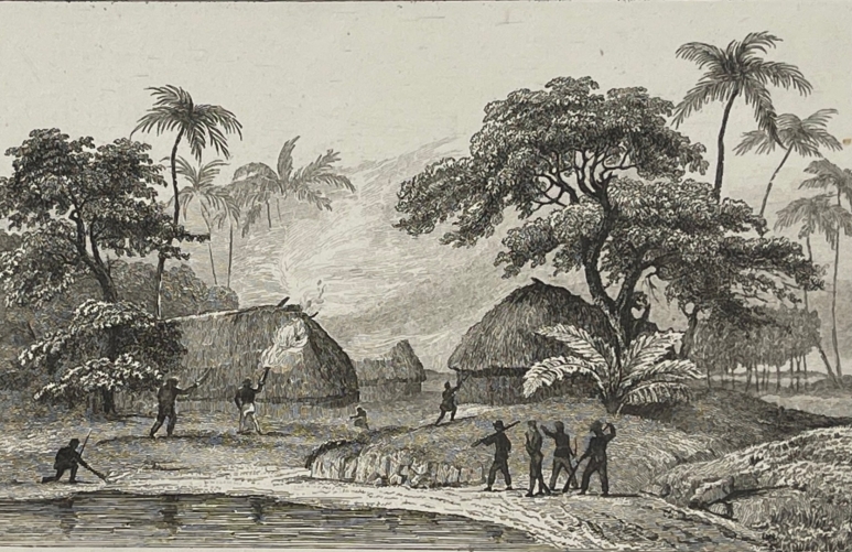 iles_tonga_francais_incendiant_les_cases_du_chef_taofa_oceanie_1837_polynesie
