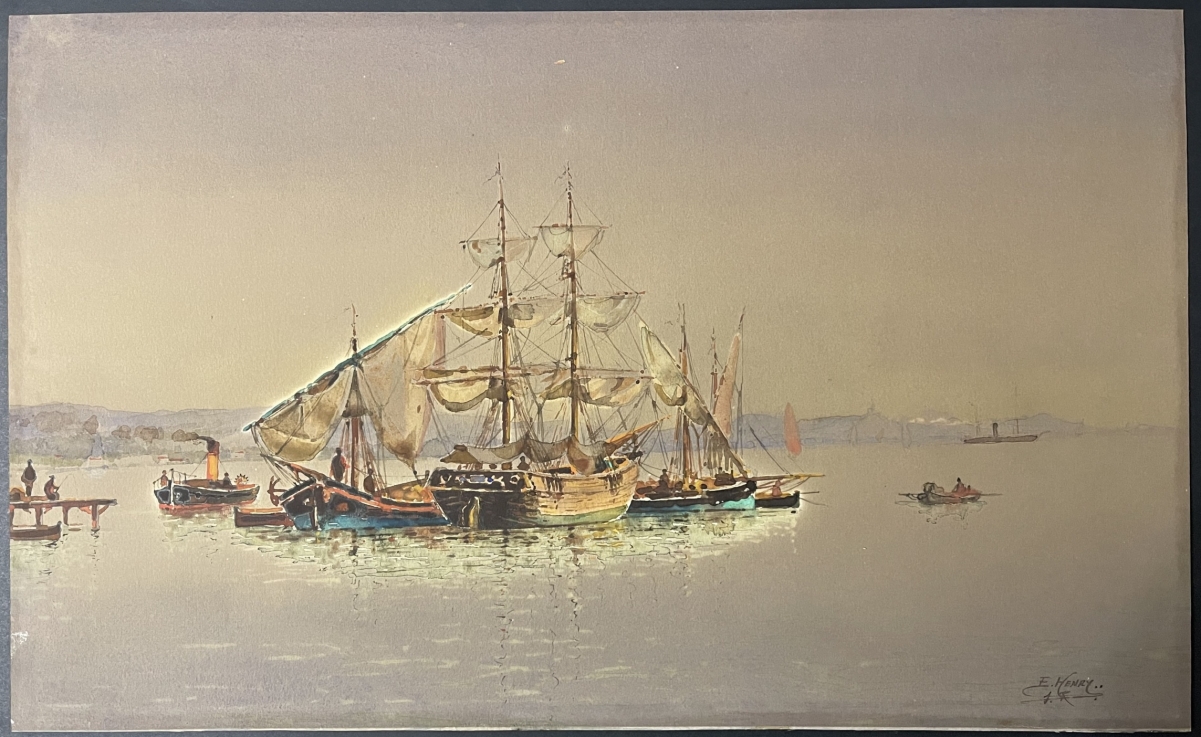 emile_henry_1842-1920_mouillage_la_joliette_marseille_aquarelle_originale_france