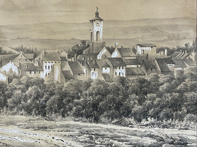 village_de_provence_vers_1850_lithographie_rehaussee_a_la_craie_xix_france
