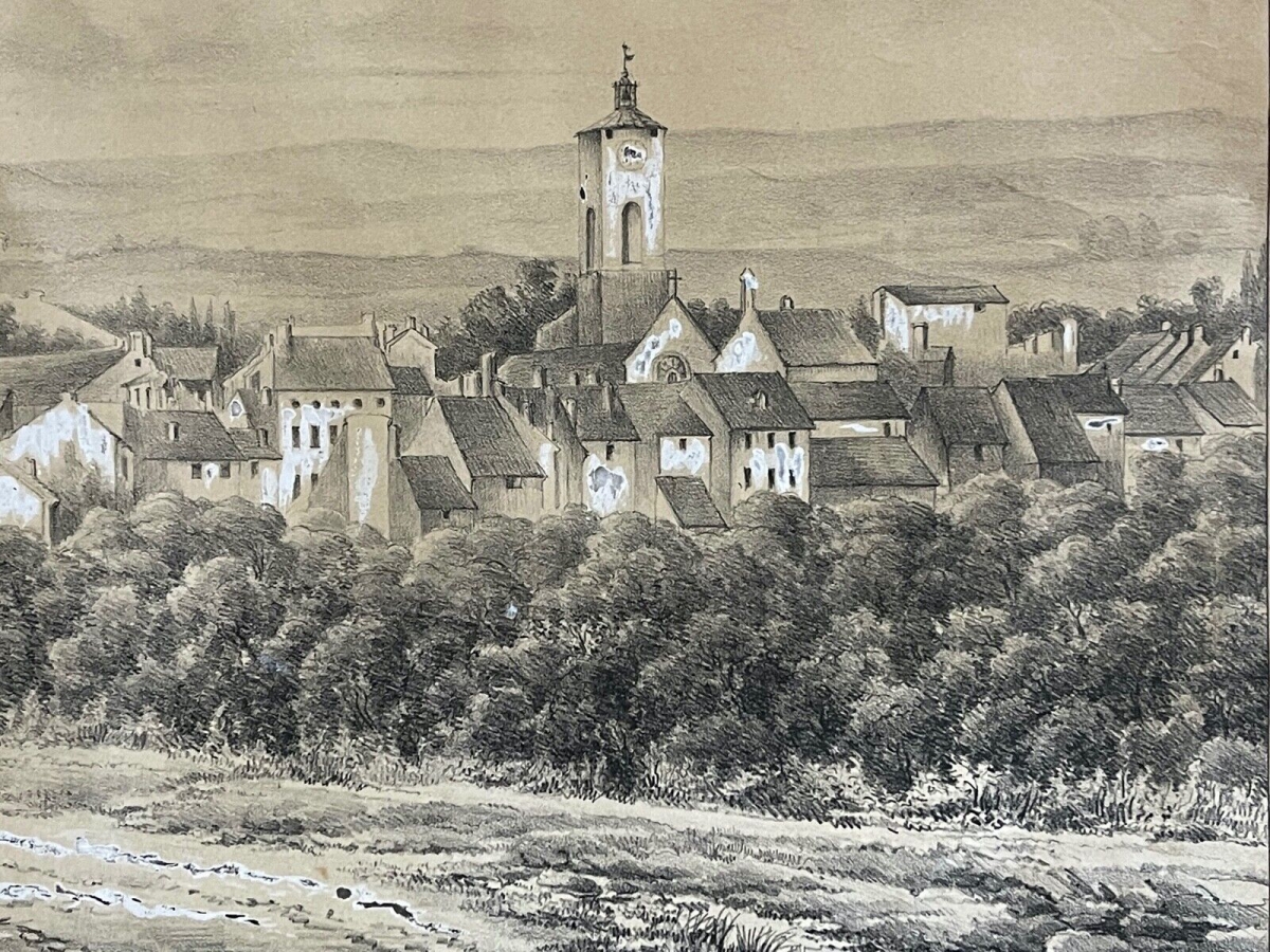 village_de_provence_vers_1850_lithographie_rehaussee_a_la_craie_xix_france