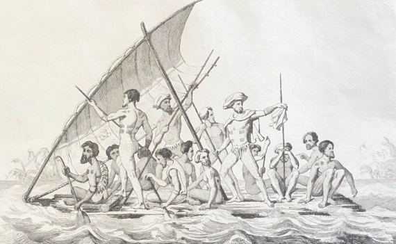 polynesie_iles_gambier_gravure_1838_radeau_indigenes_embarcation_voile
