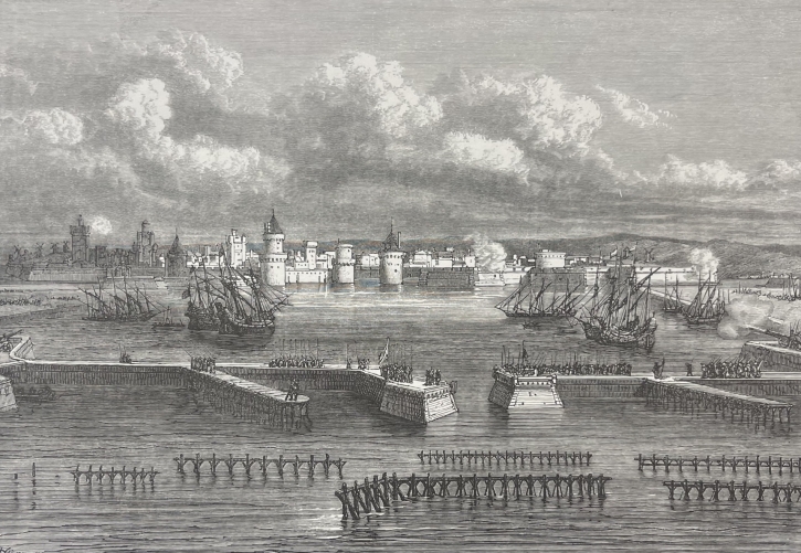 le_siege_de_la_rochelle_1627_louis_xiii_richelieu_gravure_1872