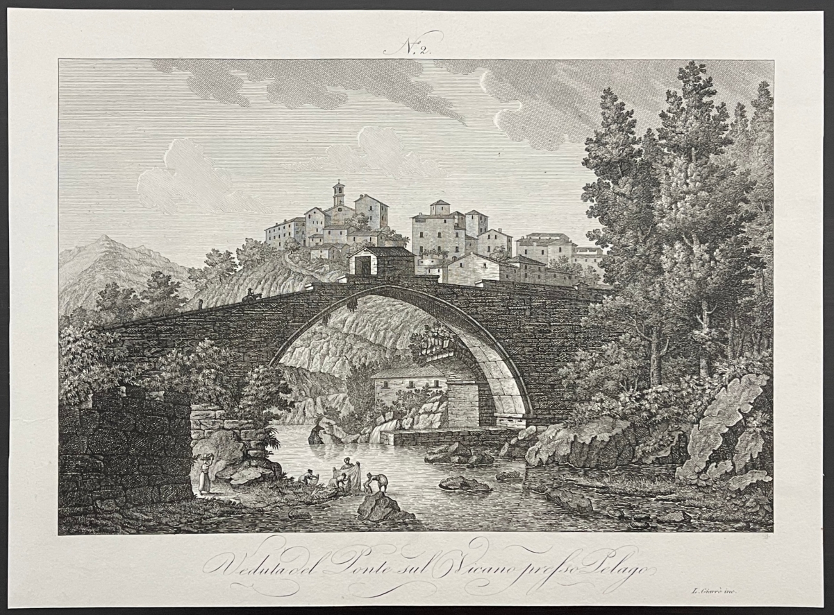 vicano_a_pelago_italie_gravure_originale_vers_1824_pont