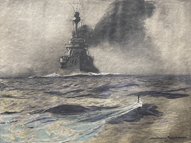 cuirasse_descadre_jaureguiberry_et_sous-marin_allemand_aquatinte_c_1920_marine