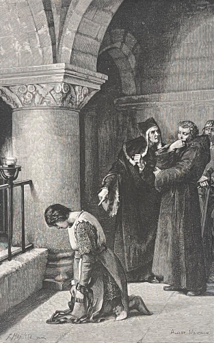 jeanne_darc_allant_au_tribunal_rouen_guerre_de_cent_ans_gravure_1887