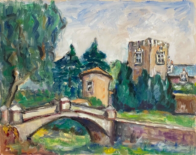 pont_et_entree_de_village_de_provence_gouache_vers_1960_anonyme_france
