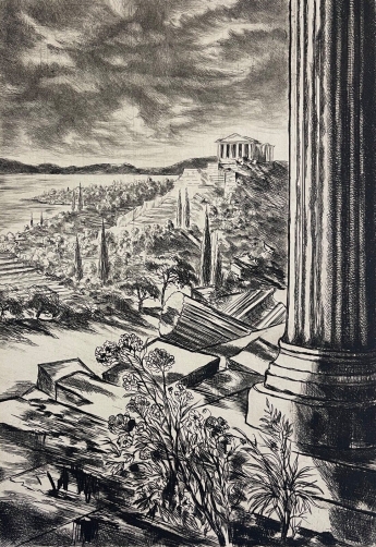 paulette_humbert_ruines_des_temples_grecs_en_sicile_pointe_seche_1940_italie