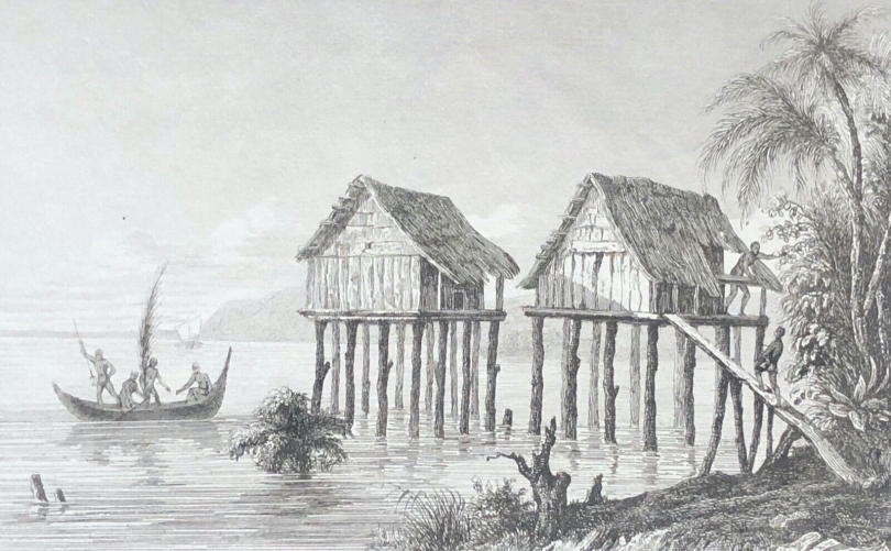 ile_rawak_melanesie_papous_1838_maisons_sur_pilotis_barque_trident