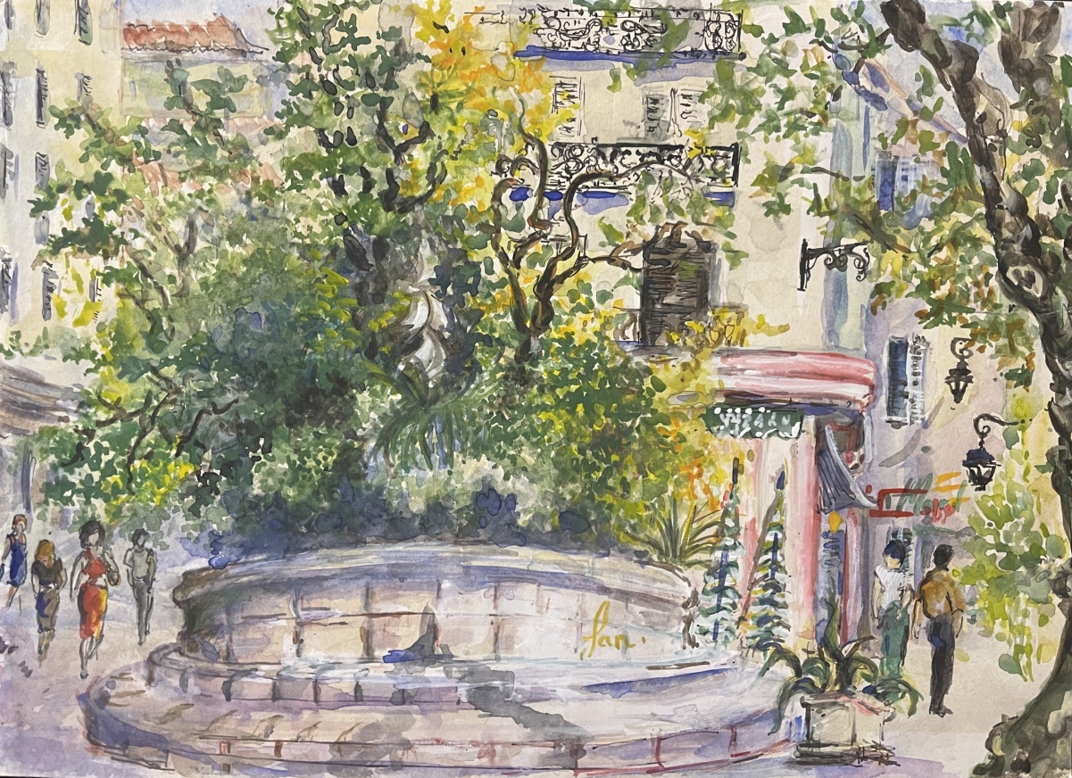 toulon_place_puget_la_fontaine_des_trois_dauphins_aquarelle_1991_provence_france