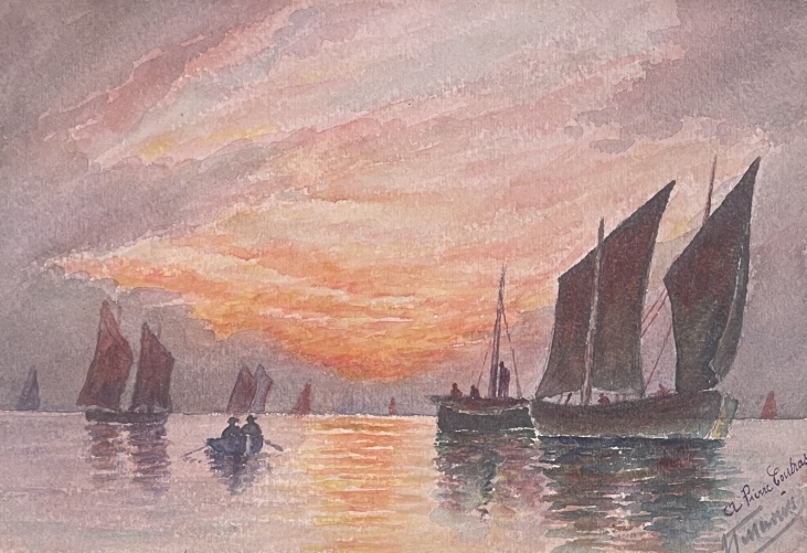 marine_aquarelle_1930_barques_signee_terrerousse_peche_provence_france