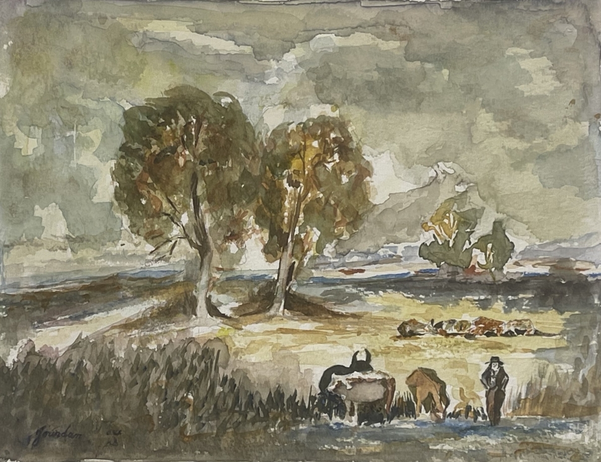 camargue_aquarelle_taureau_et_vaches_signee_jourdan_vers_1990_provence_france