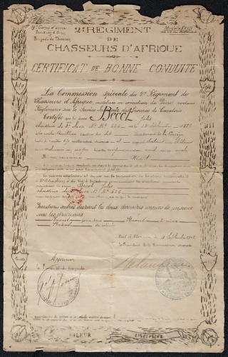 algerie_certificat_de_bonne_conduite_chasseur_dafrique_cheval_1901_jules_becot