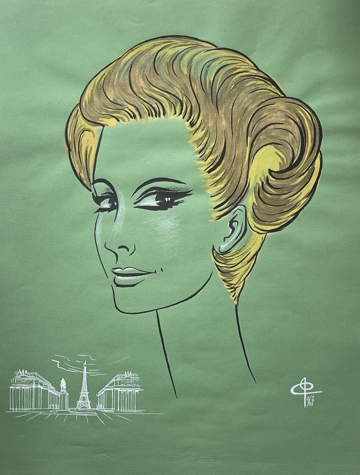 mode_paris_france_coiffure_1967_peinture_grande_technique_mixte_signee