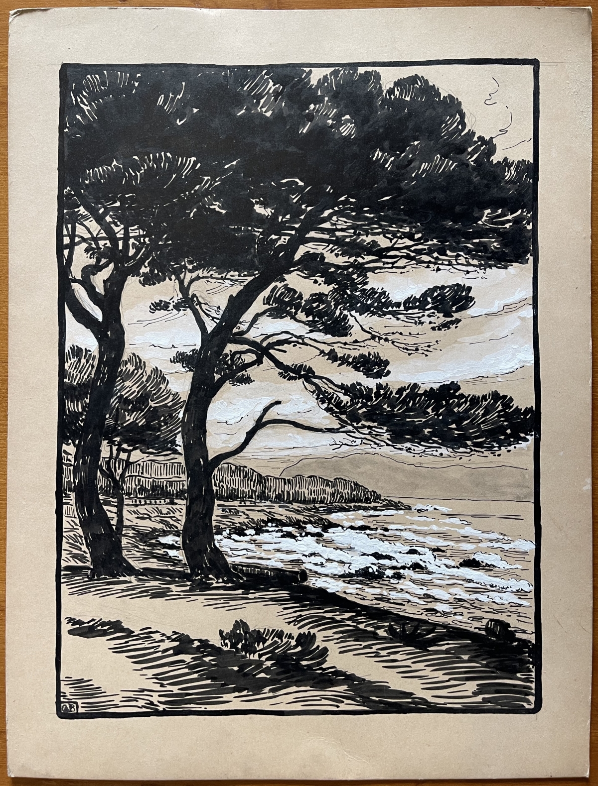 alpes-maritimes_pins_parasols_et_bord_de_mer_vers_1930_encre