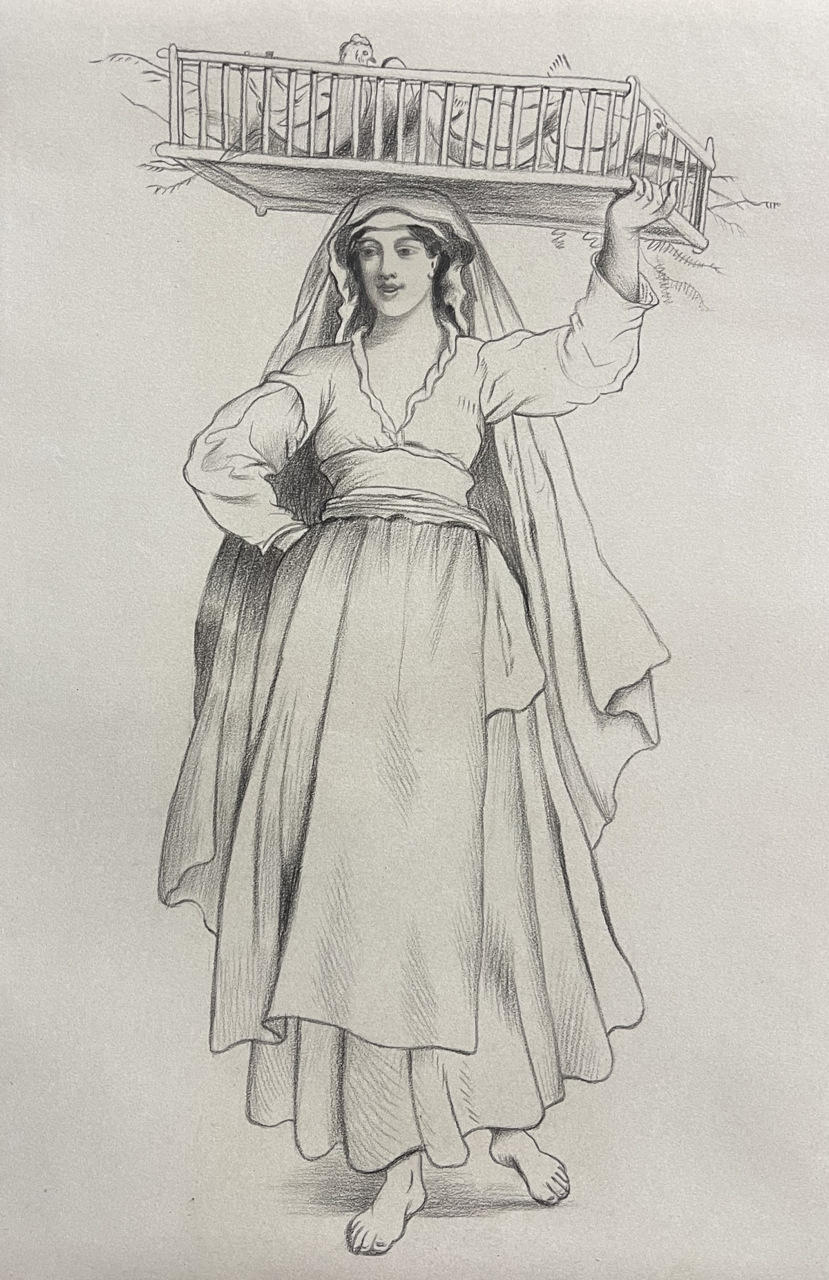 marchande_de_volailles_en_italie_dessin_vers_1860_poule_coq_poulet_oiseaux