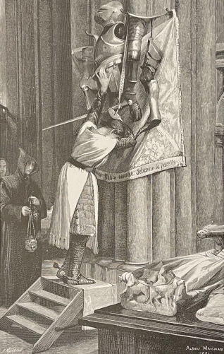 jeanne_darc_suspend_son_armure_ex-voto_st_denis_guerre_de_cent_ans_gravure_1887