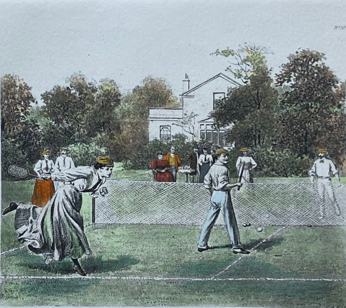 tennis_in_the_garden_circa_1900_colour_aquatint_with_women_players