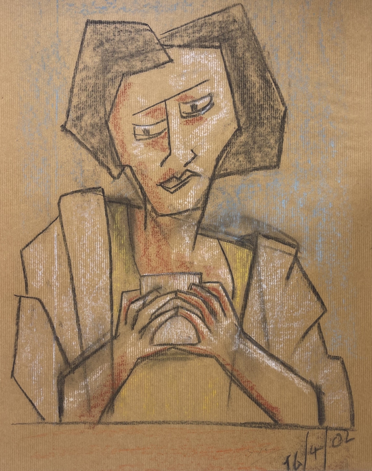 cubisme_portrait_feminin_technique_mixte_sur_papier_kraft_2002_bdb