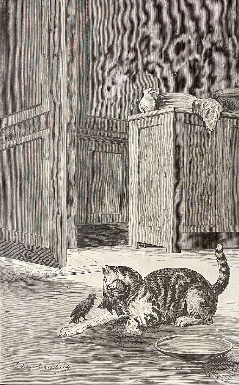le_chat_et_les_deux_oiseaux_gravure_en_xylographie_c_1870_fable_de_la_fontaine
