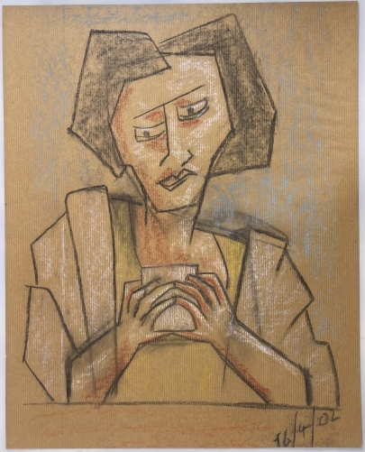 cubisme_portrait_feminin_technique_mixte_sur_papier_kraft_2002_bdb