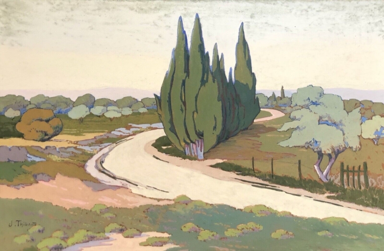 paysage_de_villeneuve_les_avignon_gouache_par_j_thibaud_provence_france