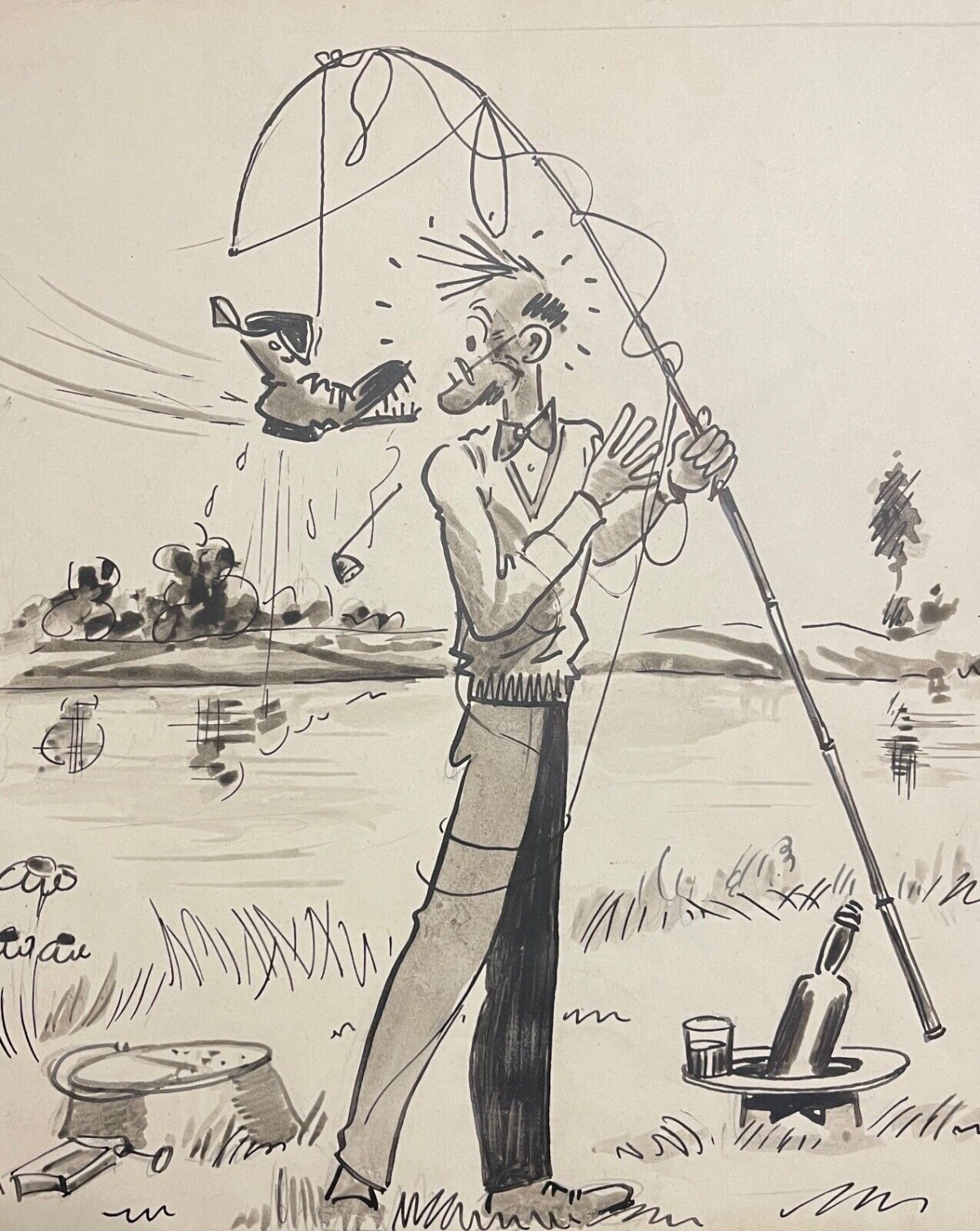 le_pecheur_chaussure_dessin_encre_humoristique_vers_1940_anonyme