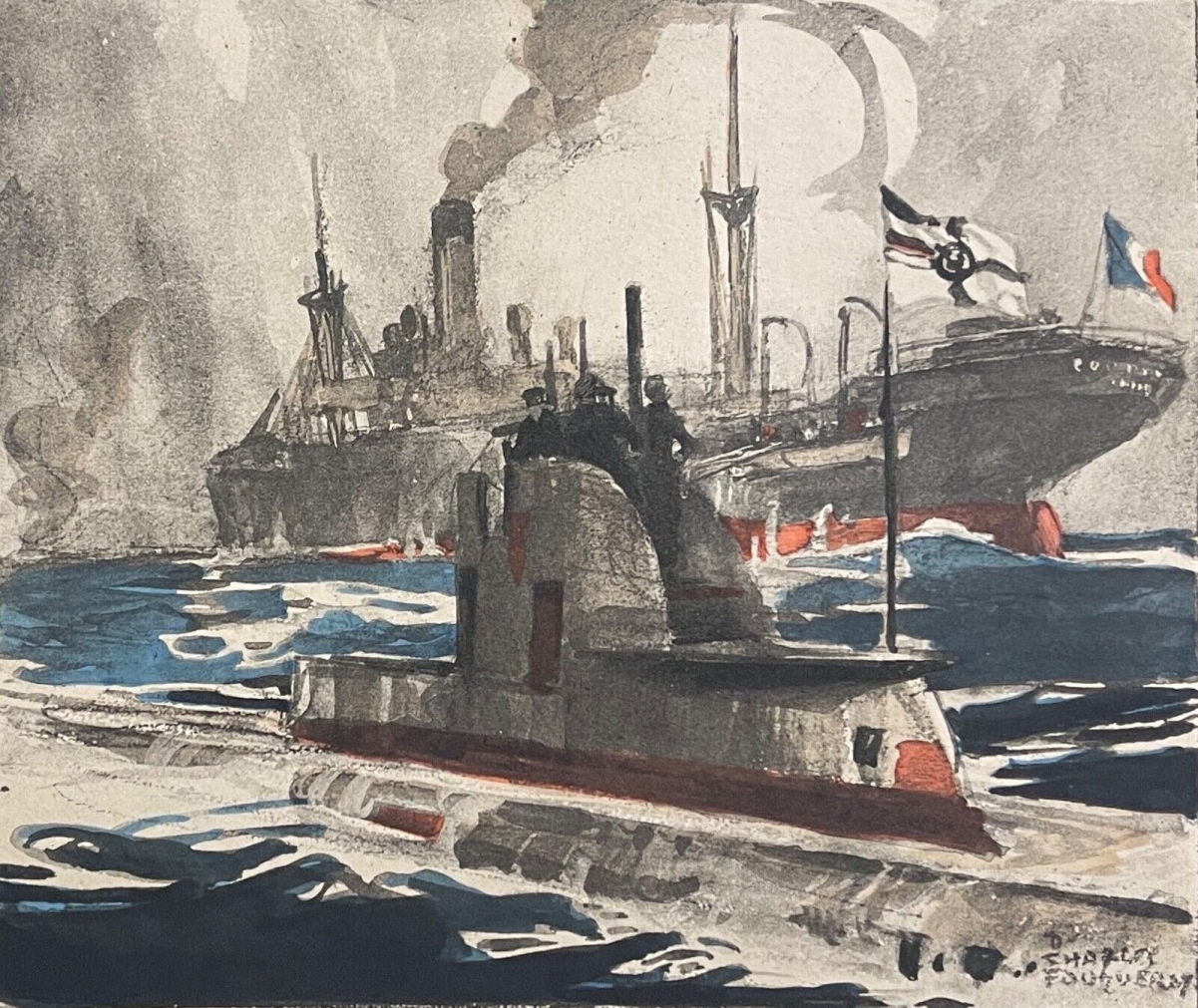 sous-marin_allemand_arraisonnant_un_cargo_vers_1914_guerre_aquatinte_c_1920