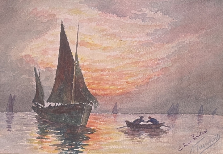 marine_aquarelle_1930_barques_signee_terrerousse_pecheur_peche_provence_france