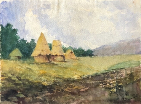 aquarelle_les_meules_de_foin_signee_paul_damery_1903_impressionnisme_france