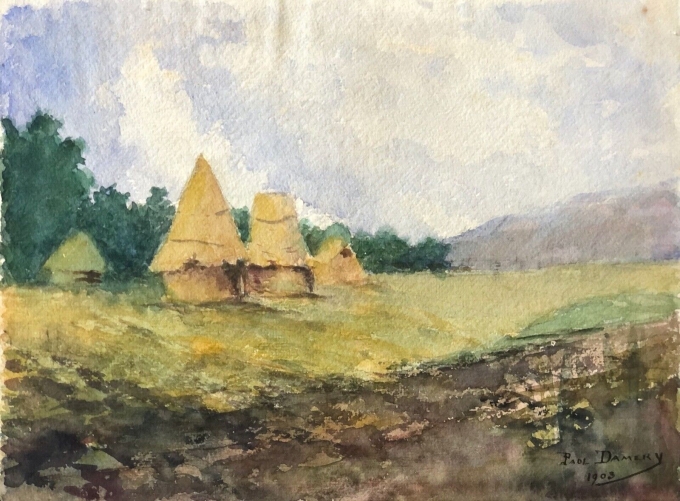 aquarelle_les_meules_de_foin_signee_paul_damery_1903_impressionnisme_france
