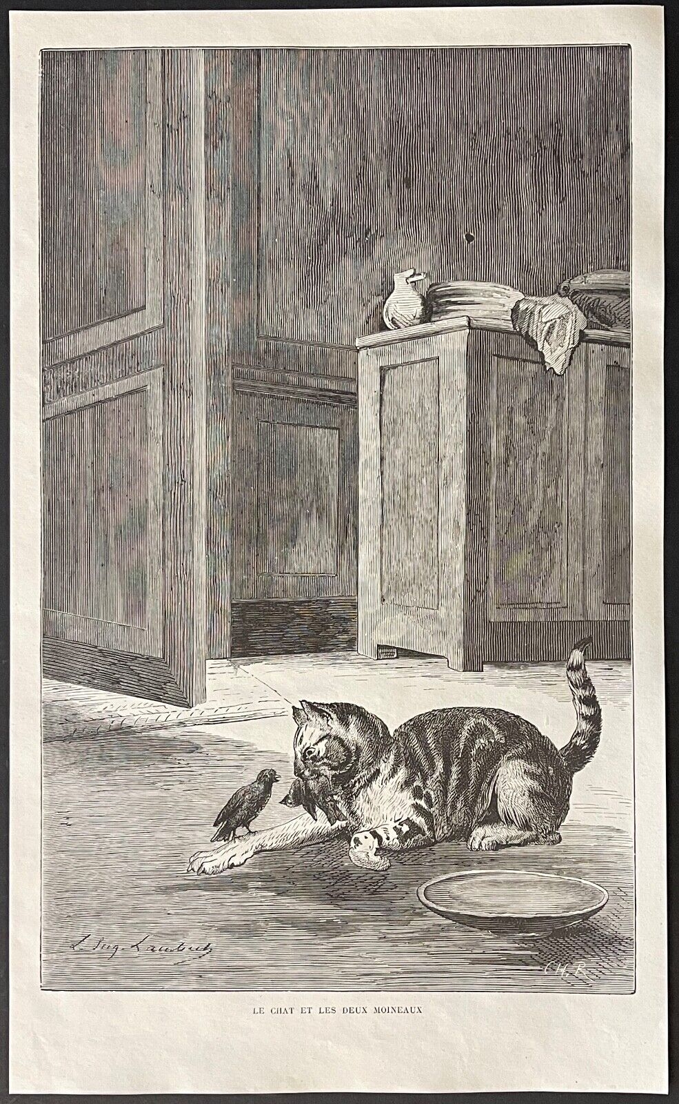 le_chat_et_les_deux_oiseaux_gravure_en_xylographie_c_1870_fable_de_la_fontaine