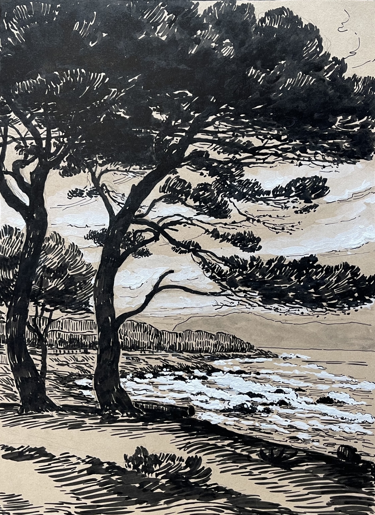 alpes-maritimes_pins_parasols_et_bord_de_mer_vers_1930_encre