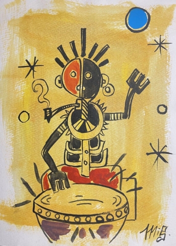 le_joueur_de_tamtam_musique_gouache_art_naif_brut_outsider_signee
