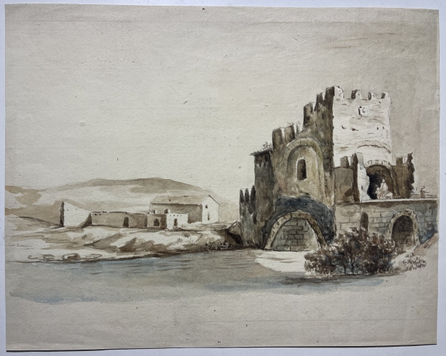 rome_italie_le_pont_nomentain_sur_l???aniene_dessin_ancien_au_lavis_papier_filigrane_honig
