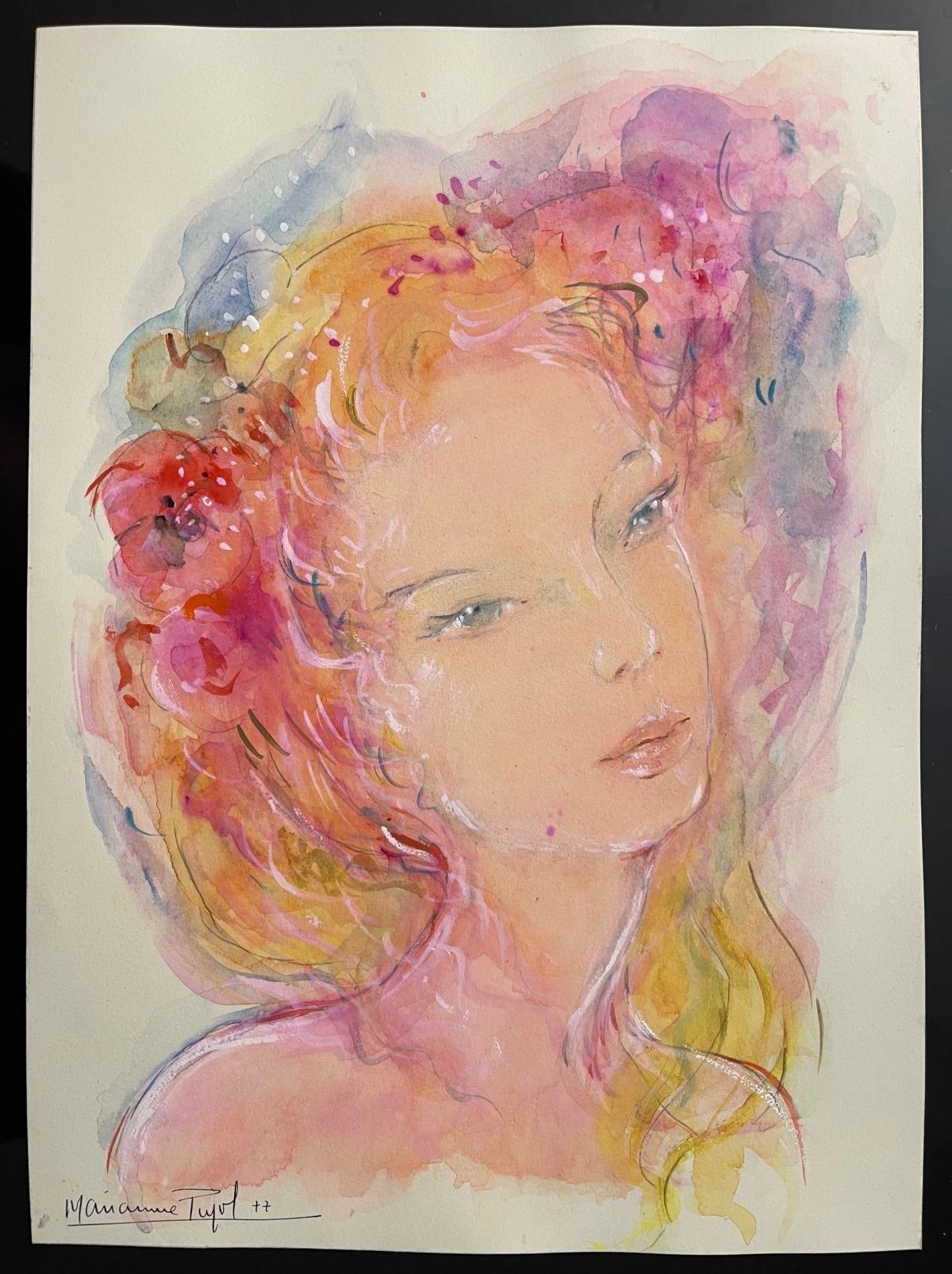 portrait_de_jeune_femme_aquarelle_signee_pujol_1977_france