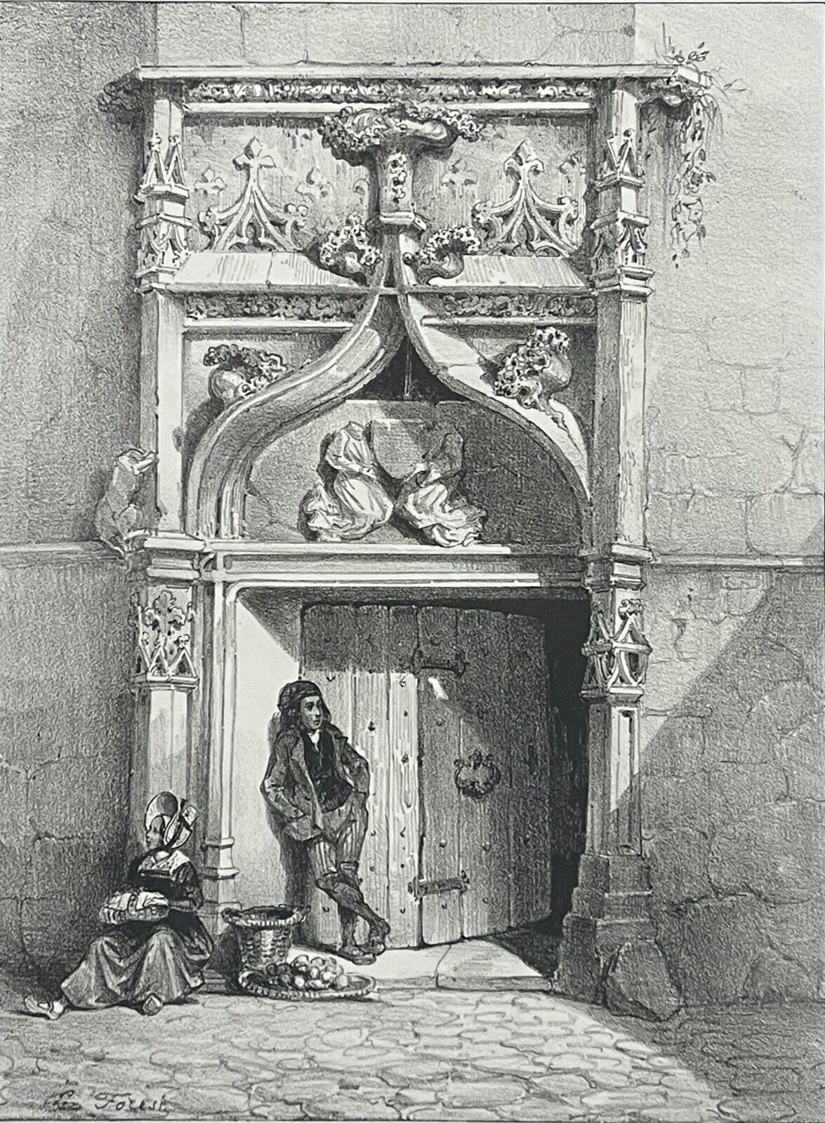 aurillac_porte_gothique_pinacles_fleurons_et_accolade_lithographie_1837_france