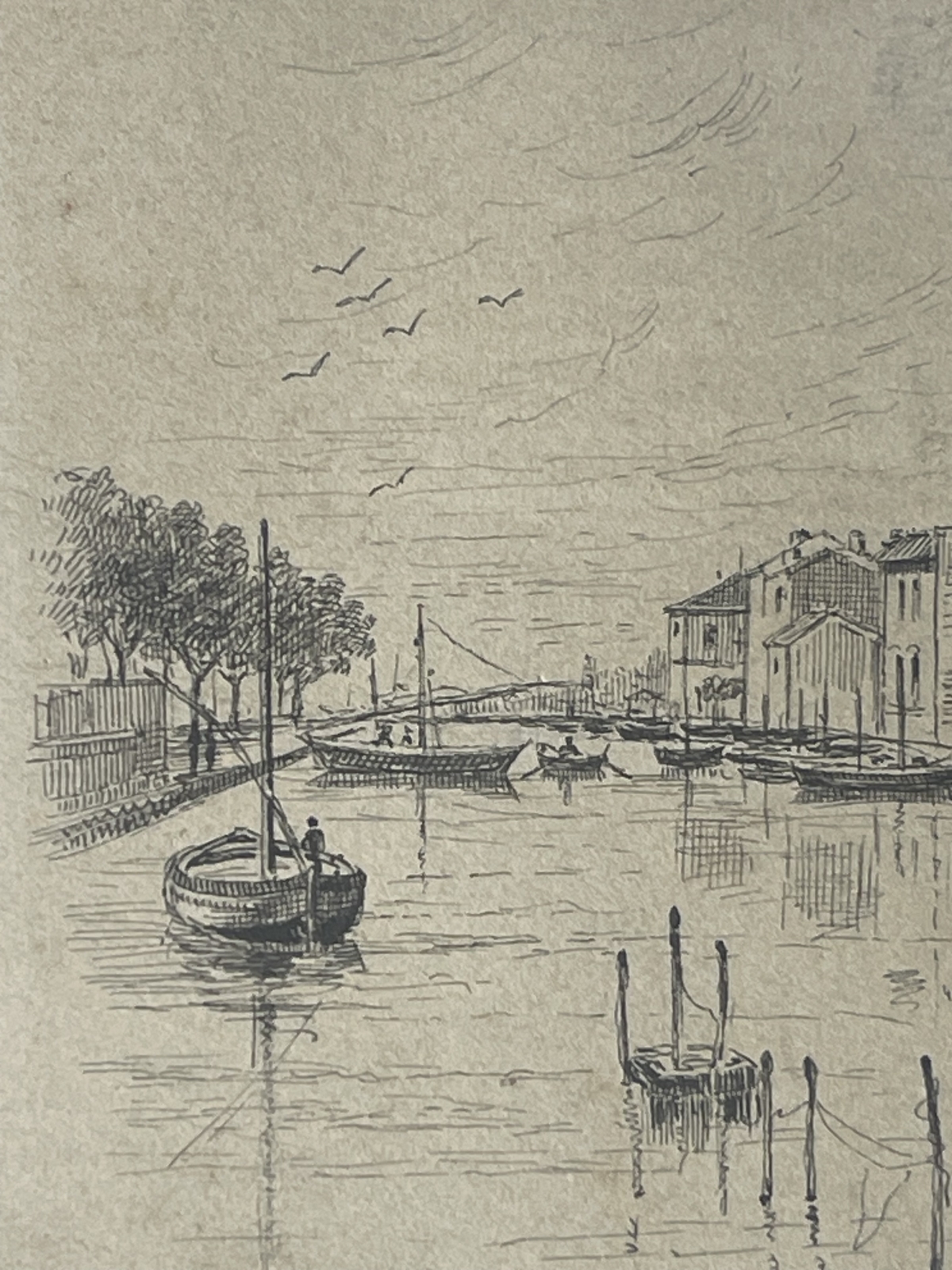martigues_1898_waterfront_scene_provence_france_antique_drawing_with_boats