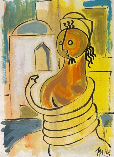 le_charmeur_charme_gouache_art_naif_brut_outsider_signee