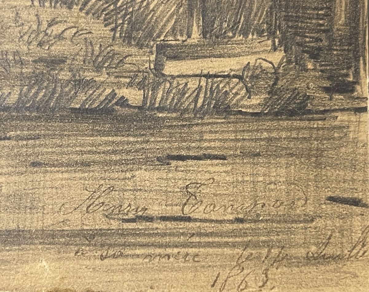 aval_1865_france_castle_and_mayenne_river_signed_graphite_and_chalk_drawing