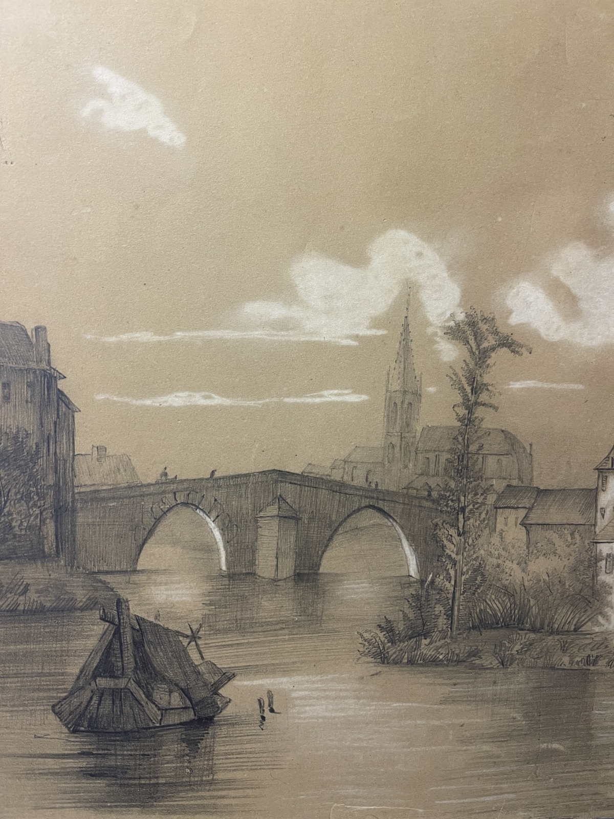 aval_1865_france_castle_and_mayenne_river_signed_graphite_and_chalk_drawing